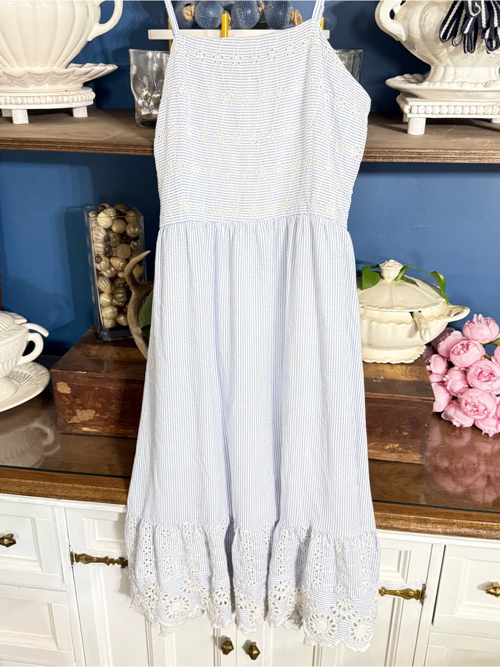 Light Blue Striped Midi Dress with Eyelet Hem